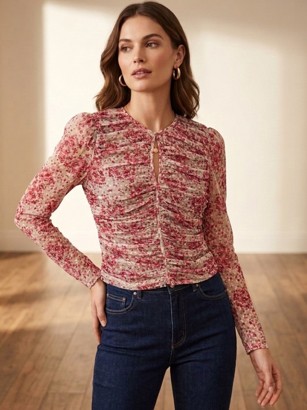 NWOT - Anthropologie Let Me Be Ruched Pink Floral Mesh Blouse - Size S